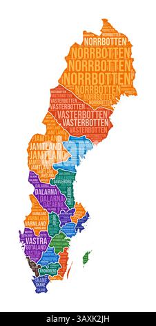 Forme Suède. Nuage de mots de pays avec division de région. Suède illustration colorée. Nuage de noms de région. Illustration vectorielle. Illustration de Vecteur