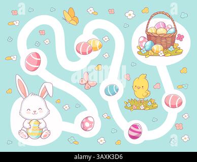Illustration vectorielle d'un jeu de labyrinthe de Pâques mignon pour les enfants. Un lapin tenant un oeuf doit suivre le chemin correct à travers une piste d'oeufs de Pâques à rea Illustration de Vecteur