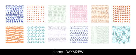 Arrière-plan du motif. Texture organique dessinée à la main, vague et croquis de gribouillage par crayon, pinceau pastel. Ensemble de style enfantin Doodle. Décor textile, emballage p Illustration de Vecteur