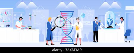 Recherche en laboratoire. Scientifique de laboratoire médical. Expérience scientifique. Test génétique. Médecin regardant une grande hélice ADN avec une loupe. Chercheur en biochimie. Les gens étudient la microbiologie. Concept vectoriel Illustration de Vecteur