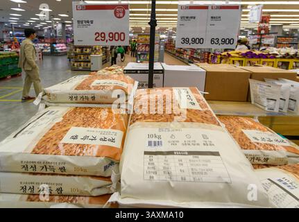 Séoul, Corée du Sud. 21 avril 2025. Le riz sud-coréen est exposé dans un stand de riz à Lotte Mart près de la gare de Séoul. La Corée du Sud exportera 22 tonnes de riz au Japon, la plus importante expédition depuis 35 ans, car la hausse des prix des céréales et les mauvaises récoltes font grimper la demande dans le pays voisin. Crédit : SOPA images Limited/Alamy Live News Banque D'Images