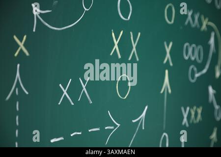 Tableau noir avec schéma de jeu de football comme arrière-plan, gros plan Banque D'Images