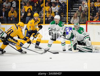 12 février 2017 L'aile gauche des Nashville Predators Filip Forsberg (9) passe la rondelle à l'aile gauche des Nashville Predators Viktor Arvidsson (38) lors d'un match de hockey entre les Stars de Dallas et les Predators de Nashville au Bridgestone Arena de Nashville Tennessee. (Image de crédit : &copy ; Steve Roberts/Cal Sport Media/CSM via ZUMA Wire) Banque D'Images