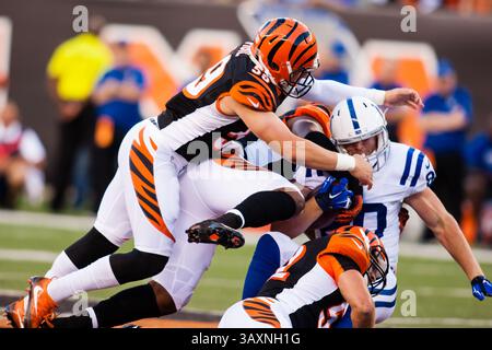 Septembre 1, 2016 - Nevada, États-Unis - la défense de Cincinnati écrase les Colts d'Indianapolis Tight End Chase Coffman (#80) en première mi-temps lors des Colts d'Indianapolis au match de pré-saison des Cincinnati Bengals au Paul Brown Stadium de Cincinnati, Ohio. Les Bengals et les Colts sont à égalité 0-0 à la mi-temps. (Crédit image : © Mat Gdowski via ZUMA Wire) Banque D'Images