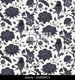 Modèle sans couture avec chinoiserie monochrome noir et blanc fleurs dessinées à la main et silhouettes d'oiseaux. Papier peint floral avec style chinois à la traîne Illustration de Vecteur