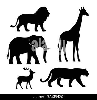 Ensemble vectoriel silhouettes d'animaux sauvages - Lion, girafe, éléphant, panthère, cerf Illustration de Vecteur