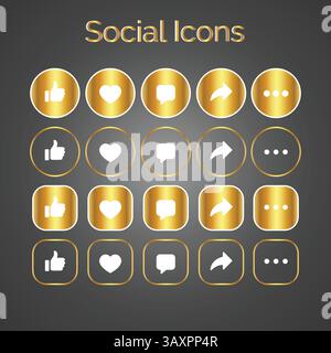 Golden Theme ensemble d'icônes génériques d'interface utilisateur de médias sociaux. Aimer, commenter, partager et enregistrer des icônes. Icône plate de médias sociaux. Vecteur Illustration de Vecteur
