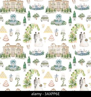 Mariage sans couture motif aquarelle Newlyweds, Estate, cygnes, champagne, fontaine, cabriolet. Fond dessiné à la main pour la célébration romantique Banque D'Images