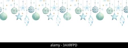 Boules d'aquarelle d'arbre de Noël dans des couleurs vertes et bleues, flocons de neige et étoiles dorées bordure sans couture. Illustration isolée dessinée à la main du nouvel an ou Banque D'Images