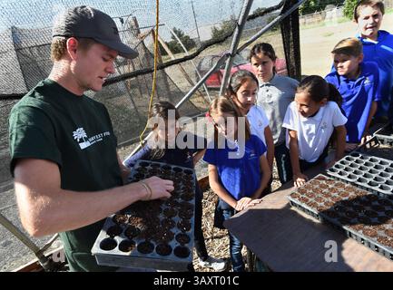 5 octobre 2016 - Fresno, CA, États-Unis - les élèves de quatrième année de la Fresno Adventist Academy se réunissent autour de Timothy Hyde de la ferme biologique de Harvest Fields lors de leur classe agricole, mercredi après-midi, 5 octobre 2016 à Fresno, Calif. (Crédit image : © John Walker/TNS via ZUMA Wire) Banque D'Images