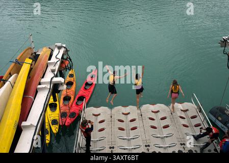 30 juin 2016 - Juneau, Alaska, États-Unis - les passagers de la croisière Safari Endeavour font un plongeon polaire à Frederick Sound. Stephen's passage. Petersberg. Alaska. ÉTATS-UNIS. Le Polar Plunge a été offert ici à Gut Bay ce matin, à 9h45 et 11h. Mais avec des températures douces et une eau relativement chaude (pour l'Alaska), la plupart des personnes qui ont participé au plongeon ont dit que l'eau était en fait assez rafraîchissante. J’ai failli faire le plongeon moi-même â€“ mais je me suis tenu sur le pont avec une tasse de café et j’ai regardé à la place. (Crédit image : © Sergi Reboredo/ZUMA Wire/ZUMAPRESS.com) Banque D'Images