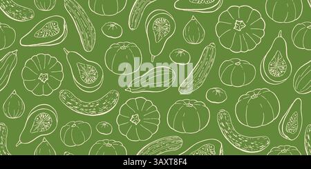 Citrouille dessinée à la main, courge, motif sans couture de contour de courgette sur fond vert. Illustration vectorielle d'esquisse de contour, automne, Halloween, Thanksgiv Illustration de Vecteur
