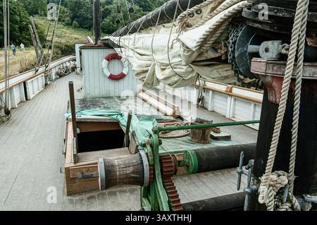 Le navire Garlandstone amarré à Morwellham Quay, un bateau à voile Tamar Ketch, construit à Calstock en Cornouailles, en Angleterre, et lancé le 27 janvier Banque D'Images