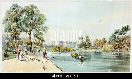 Une vue de Buckingham Palace de St James Park plate 11 par Thomas Shotter Boys, conçu par Charles Ollier, vue originale de Londres comme il est 1842 époque victorienne 19ème siècle illustration d'art perspective historique impression antique image vintage vue Banque D'Images