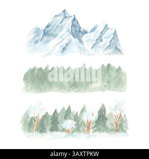 Montagnes, clipart de forêt en aquarelle de neige peint à la main. Sommets de montagne enneigés. Monochrome bleu, fond vert. Silhouettes de pics isolés illu Banque D'Images