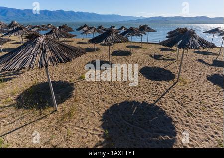 Silent Shade : parapluies de paille sur une plage vide. Banque D'Images