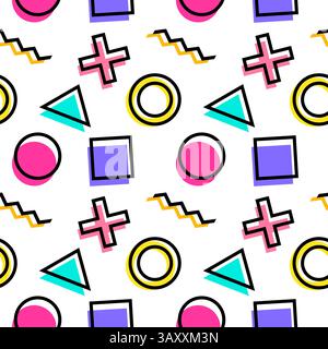 Motif vintage sans couture dans le style Memphis et pop art avec des formes géométriques abstraites vibrantes, y compris des cercles, des carrés, des triangles et de la crosse Illustration de Vecteur