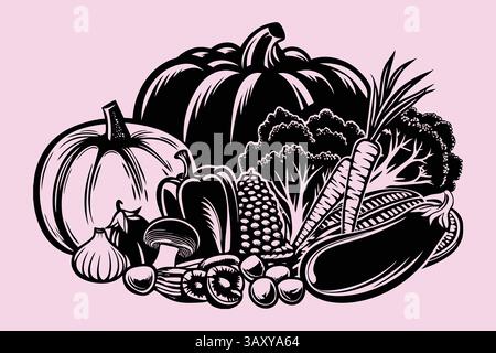 Citrouille d'Halloween avec silhouette de légumes assortis Illustration de Vecteur