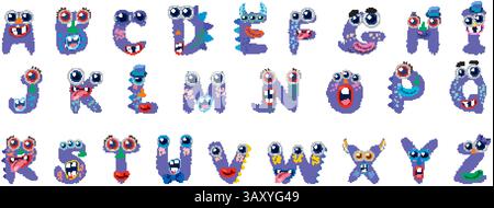 Alphabet coloré sur le thème des monstres avec des caractères fantaisistes. Des couleurs vives et éclatantes et un design ludique renforcent l'attrait visuel Illustration de Vecteur