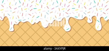 Motif simple à saupoudrer. Liquide blanc avec des saupoudres de sucre colorées qui coulent sur fond de gaufrette. Glaçage pour beignet, crème glacée ou muffins avec chute Illustration de Vecteur