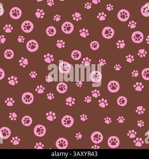 Motif sans couture dessiné à la main de vecteur. Imprimés de pattes arrangés d'animaux de compagnie en pois de couleur rose sur fond brun Illustration de Vecteur