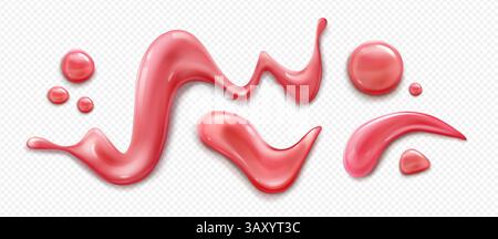 Sauce à la confiture de fraises ou sirop ensemble éclaboussures et gouttes réalistes. Garniture de fruit liquide fluide de couleur rouge, éléments de gelée de diverses formes avec une consistance Gooey. Les baies fondues conservent le blob et le goutte à goutte Illustration de Vecteur
