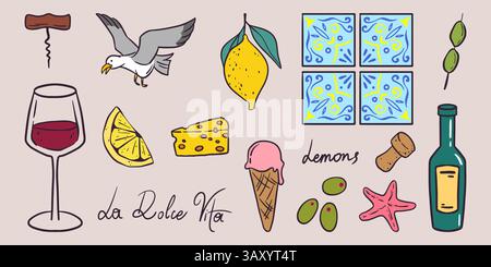 Côte amalfitaine illustrations vectorielles dessinées à la main - vin en verre et bouteille, mouette et tuiles ornementales de tradition, citrons et fromage, cornet de crème glacée et olives, étoile de mer. Ensemble de doodle d'été italien. Illustration de Vecteur