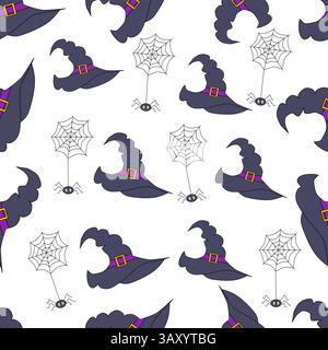 Motif coloré d'automne sur le thème d'Halloween, chapeau de sorcière avec toile et araignée Illustration de Vecteur