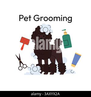 Chien Shiba Inu pendant le toilettage. Le chiot ludique est assis couvert de bulles de savon, entouré de ciseaux, shampoing et une brosse. parfait pour le soin des animaux de compagnie. Illustration de Vecteur