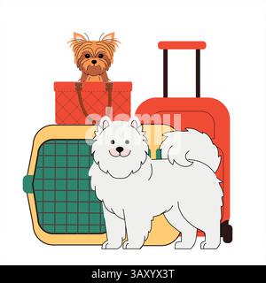 Animal de compagnie mignon illustration de voyage chien Samoyed moelleux et un petit Yorkshire Terrier assis dans un panier en osier, entouré de valises et d'un porte-animaux. Illustration de Vecteur