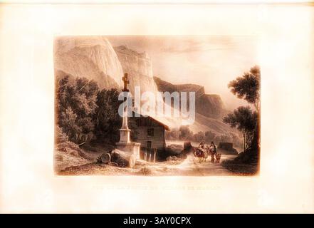 Un paysage serein avec un village rustique au pied d'imposantes falaises. Une croix marque le premier plan, tandis qu'un chemin sinueux mène aux cavaliers approchant de la charmante demeure. Des collines douces encadrent la toile de fond, créant une atmosphère tranquille., vue de la sortie du village de Maglan, Magland en haute-Savoye, signé : Villeneuve, Engelmann, lithographie, planche 10, Villeneuve, M. ; Engelmann, Godefroy (lith.), 1827, Hilaire Léon Sazerac, Godefroy Engelmann : lettres sur la Suisse (...). Paris : [s.n.], 1823-1832, Art classique avec une touche moderne réinventé par Artotop Banque D'Images
