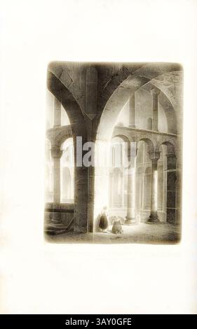 Une scène intérieure sereine présente des arches et des colonnes élégantes, où deux personnages sont assis tranquillement, immergés dans la contemplation. La lumière douce filtre à travers l'espace, éclairant les détails architecturaux complexes et créant une atmosphère tranquille., vue intérieure de l'église Ottmarsheim prise de la galerie sur les bas côtés, église à Ottmarsheim, Haut Rhin, signé : Arnout d'après (...) Chapuy, Lith. De Engelmann, PL. 40, après p. 120 (partie 1), Arnout ; Chapuy ; Engelmann, Godefroy (lith.), 1828, de Golbéry, J. G. Schweighäuser : Antiquités de l'Alsace ou châteaux, églises et autres monumens des départeme Banque D'Images