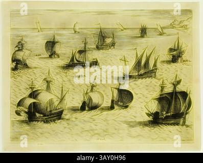 Une scène maritime animée mettant en scène divers navires aux voiles gonflantes, glissant sur l'eau. Les navires présentent des conceptions diverses de différentes époques, reflétant une ère d'exploration et de commerce. Au loin, la masse terrestre et les vagues douces encadrent l'activité animée de la flotte., Frans Huys, Netherlandish, 1522-1562, d'après Pieter Bruegel l'ancien, Netherlandish, 1525-1569, seize bateaux de structure différente, CA. 1565, gravure imprimée à l'encre noire sur papier couché, plaque : 8 3/4 × 11 7/8 pouces (22,2 × 30,2 cm), Art classique avec une touche moderne réinventée par Artotop Banque D'Images
