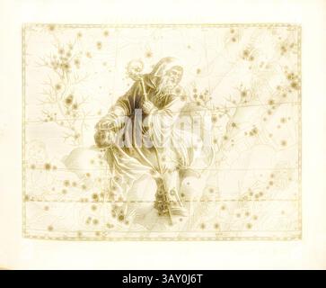 Une figure solitaire drapée de robes fluides tient une lanterne, entourée de motifs floraux complexes et de nuages tourbillonnants. L'atmosphère transmet un sentiment de mystère et de contemplation, tandis que la figure regarde avec soin au loin. Les détails délicats et le design orné créent une qualité onirique, invitant le spectateur dans une scène tranquille mais énigmatique., Serpentarius serpent, constellations Serpent Bearer (Ophiuchus) et Serpent, Constellatio XIII et XIV, p. 55, Bayer, Johann ; Kager, Johann Matthias ; Kilian, Lucas ; Schecs, Kaspar, 1627, Julius Schiller : Coelum stellatum christianum (...). Au Banque D'Images