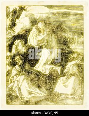 La scène représente un moment dramatique avec des personnages engagés dans une expression et un mouvement intenses, entourés de nuages tourbillonnants et d'une atmosphère éthérée. La lumière et l'ombre jouent sur les figures, soulignant leurs états émotionnels, tandis que l'arrière-plan laisse entrevoir un paysage mystique., Albrecht Dürer, allemand, 1471-1528, Christ sur le Mont des oliviers, entre 1509 et 1511, gravure sur bois imprimée à l'encre noire sur papier vergé, image : 5 × 3 7/8 pouces (12,7 × 9,8 cm), Art classique avec une touche moderne réinventée par Artotop Banque D'Images