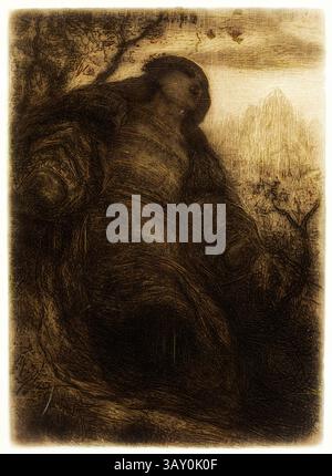 Une figure solitaire drapée de robes fluides se dresse au milieu d'un paysage d'arbres et de montagnes, véhiculant un sentiment d'introspection et de connexion à la nature. L'atmosphère est pleine d'émotion, évoquant une qualité intemporelle et éthérée., Hans von Marees, Allemand, 1837-1887, Princesse, entre le milieu du XIXe et la fin du XIXe siècle, gravure imprimée à l'encre brune sur papier japonais, planche : 6 1/4 × 4 5/8 pouces (15,9 × 11,7 cm), art classique avec une touche moderne réinventée par Artotop Banque D'Images