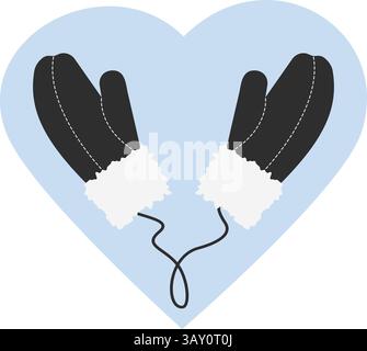 Associez des moufles en fourrure foncée avec une bande élastique sur fond bleu en forme de Heart Winter Accessory Label. Illustration vectorielle isolée cartes thématiques autocollant icône logo Branding, annonces, étiquette de prix, impression promo Illustration de Vecteur