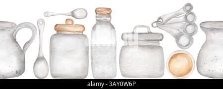 ustensiles de cuisine aquarelle bordure sans couture, bocaux répétition de motif, scrapbooking Banque D'Images