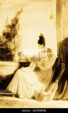 Une jeune femme est assise près d'une fenêtre, engagée dans des travaux d'aiguille complexes. Une lumière douce illumine son expression concentrée tandis qu'elle crée des designs délicats, entourés de notes de nature et d'une atmosphère chaleureuse. Un panier repose à proximité, suggérant un après-midi paisible passé dans la créativité et la réflexion., Richard Parkes Bonington, Anglais, 1802-1828, Woman Sewing, délavé crayon et marron, cadre : 14 3/8 x 11 1/2 x 7/8 po. (36,5 x 29,2 x 2,2 cm), art classique avec une touche moderne réinventée par Artotop Banque D'Images