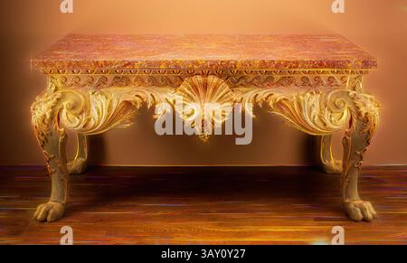 Une table ornée de sculptures complexes, agrémentée de motifs de feuilles détaillés et de pieds griffés, surmontée d'une surface richement structurée qui ajoute une touche d'élégance à n'importe quel espace., Unknown (Anglais), Console table, entre 1700 et 1725, pin doré, marbre, total : 32 1/4 × 73 × 37 3/8 pouces (81,9 × 185,4 × 94,9 cm), Art classique avec une touche moderne réinventée par Artotop Banque D'Images