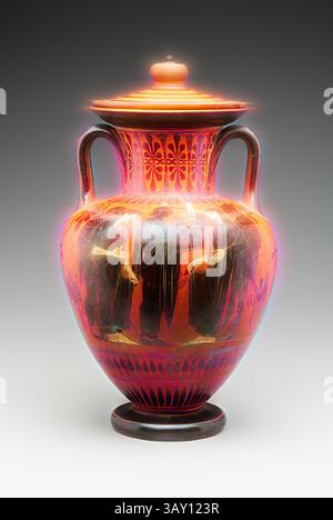 Vase magnifiquement conçu aux motifs complexes et aux couleurs vives, mettant en valeur des figures ornées d'une tenue traditionnelle, avec des poignées élégantes et un couvercle bien en vue. L'œuvre d'art détaillée met en évidence une scène qui évoque un sens de l'histoire et de la culture., grec, pot de stockage représentant un rassemblement de dieux et de déesses, 560/540 av. J.-C., argile, Amphore : 16 1/8 x 10 5/8 in.diam. (41,5 x 26,9 cm), art classique avec une touche moderne réinventée par Artotop Banque D'Images