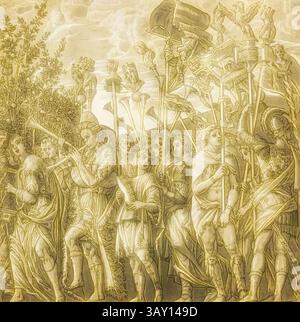 Une grande procession mettant en vedette un groupe diversifié de personnages ornés de costumes élaborés, tenant divers instruments et bannières, tout en marchant délibérément au milieu d'une végétation luxuriante et d'un ciel dramatique., après Andrea Mantegna, italien, 1431-1506, musiciens et porteurs standard, entre 1598 et 1599, gravure sur bois chiaroscuro imprimée à l'encre noire et trois nuances d'encre brune couche de papier, image : 14 1/4 × 14 1/2 pouces (36,2 × 36,8 cm), art classique avec une touche moderne réinventée par Artotop Banque D'Images