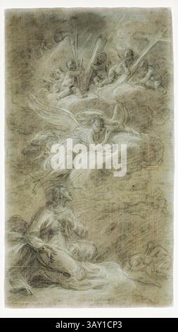 Une scène dramatique avec des personnages engagés dans une bataille céleste, avec de puissants anges et guerriers au milieu de nuages tourbillonnants. La composition capte un moment de tension et de mouvement dynamique, mettant l’accent sur les éléments contrastés de la lumière et de l’ombre., Jean Restout, français, 1692-1768, Christ au jardin de Gethsémani, entre 1692 et 1768, craie noire et blanche sur papier couché bleu, feuille : 12 9/16 × 7 1/8 pouces (31,9 × 18,1 cm), Art classique avec une touche moderne réinventée par Artotop Banque D'Images