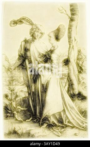 Un couple se tient ensemble dans un paysage serein, l'homme portant un chapeau à plumes et un sourire confiant, tandis que la femme, ornée d'une robe élégante avec une coiffe haute, le regarde affectueusement. Leur tenue vestimentaire et le fond luxuriant suggèrent un récit romantique ou mystique, évoquant des thèmes d'amour et de connexion., Albrecht Dürer, allemand, 1471-1528, The Promenade, CA. 1498, gravure imprimée à l'encre noire sur papier couché, feuille (rognée dans la marque de plaque) : 7 7/8 × 4 7/8 pouces (20 × 12,4 cm), Art classique avec une touche moderne réinventée par Artotop Banque D'Images