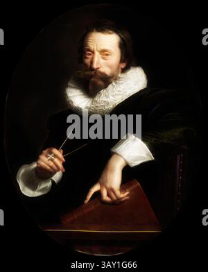 Un homme distingué avec une expression réfléchie, vêtu d'une robe sombre et d'un col volanté, tient un livre dans une main tandis que l'autre repose doucement sur ses genoux. Son regard est direct, suggérant sagesse et contemplation., Frans Pourbus le jeune, pays-Bas, 1569 - 1622, Portrait du poète italien, Giambattista Marino, vers 1621, huile sur toile, sans cadre : 31 7/8 × 25 7/8 pouces (81 × 65,7 cm), Art classique avec une touche moderne réinventé par Artotop Banque D'Images