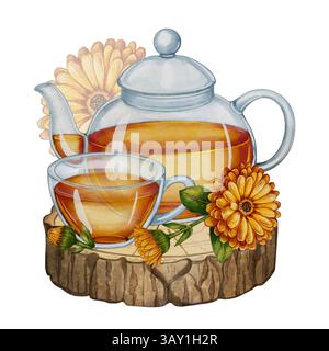 Composition d'aquarelle avec du thé de calendula dans une théière en verre et une tasse sur un support en bois. Parfait pour l'impression, emballage, cartes de vœux, affiches, conception, décoration intérieure et marque de magasin de thé Banque D'Images