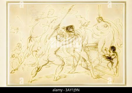 Une scène dynamique représentant une lutte acharnée entre deux figures musclées, sur fond de formes fluides et de mouvements dramatiques. L’énergie du moment capte la tension du conflit, tandis qu’un personnage plus petit observe de côté, ajoutant un élément de curiosité à la composition., Benjamin Robert Haydon, anglais, 1786-1846, mort d’Eudes, entre 1786 et 1846, stylo et encre brune, art classique avec une touche moderne réinventé par Artotop Banque D'Images