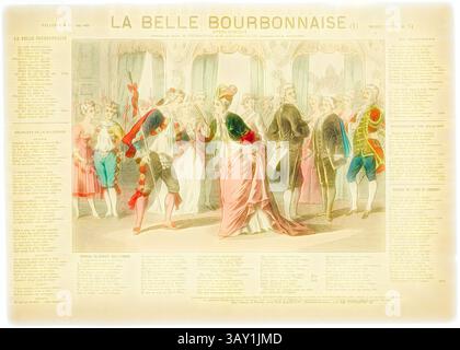 Scène théâtrale représentant une représentation animée de « la belle Bourbonnaise », mettant en scène des personnages élégamment habillés dans un cadre spectaculaire, entourés de costumes vibrants et de gestes expressifs. Texte descriptif et détails ornés rehaussent l'ambiance générale de la production, reflétant la richesse culturelle de son époque., inconnu (français), la belle Bourbonnaise, XIXe siècle, gravure sur bois colorée à la main, image : 7 3/8 × 10 3/4 pouces (18,7 × 27,3 cm), art classique avec une touche moderne réinventée par Artotop Banque D'Images