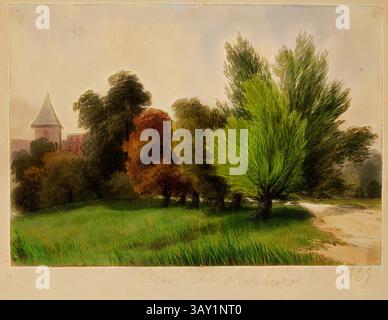 Un paysage serein avec une végétation luxuriante, avec une variété d'arbres affichant des nuances de vert et des notes de couleurs automnales. En arrière-plan, une tour ou une structure semblable à un château jette un coup d'œil à travers le feuillage, tandis qu'un chemin sinueux mène à travers la scène tranquille, invitant à l'exploration., David Claypoole Johnston, américain, 1798-1865, vue à Roxbury, 19ème siècle, aquarelle et crayon sur papier, feuille : 6 5/8 × 9 1/2 pouces (16,8 × 24,1 cm), Art classique avec une touche moderne réinventée par Artotop Banque D'Images