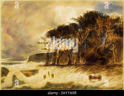 Une scène côtière sereine représente des arbres imposants se balançant doucement dans la brise, encadrant une falaise lointaine alors que les vagues s'écrasent sur le rivage. Les tons doux et discrets évoquent un sentiment de calme, tandis que l'interaction de la lumière et de l'ombre ajoute de la profondeur au paysage., Paul Huet, Français, 1803-1869, Flood Tide at Honfleur (équinoxe d'automne), vers 1835, craie et aquarelle sur papier, feuille : 10 1/2 × 13 1/2 pouces (26,7 × 34,3 cm), Art classique avec une touche moderne réinventée par Artotop Banque D'Images